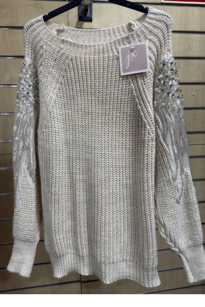 Jersey Punto Beige con Perlas – Elegante Mujer