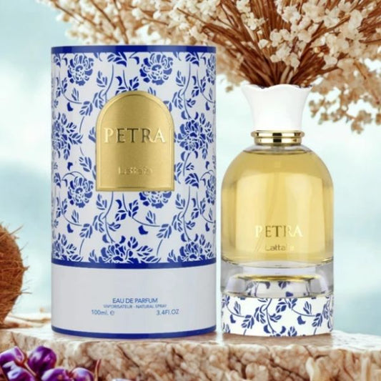 Petra de Lattafa 100ML – Perfume de Mujer Oriental Floral con Coco, Praliné y Ron (Inspirado en el Mediterráneo)