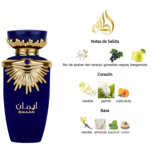 Lattafa Emaan - Perfume Árabe Unisex 100 ml con Notas Frescas, Florales y Cálidas