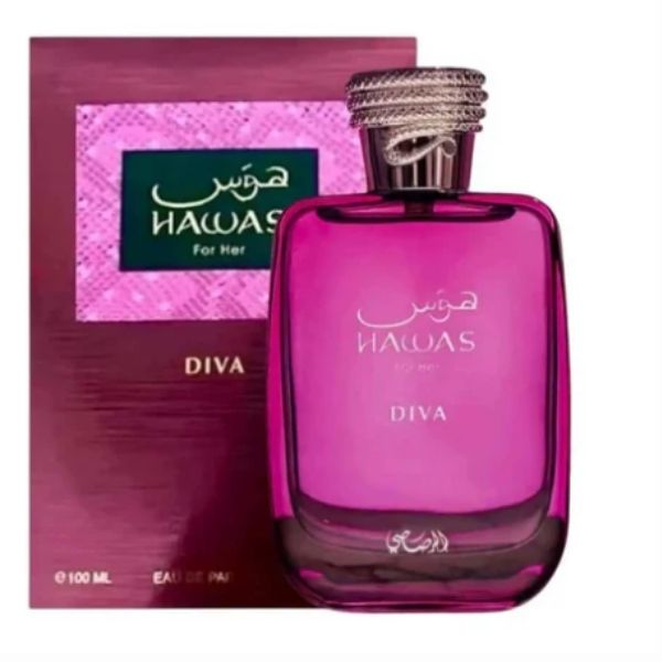 Hawas Diva Rasasi 100ML – Perfume Femenino Oriental Floral con Frutas Rojas, Rosa e Incienso